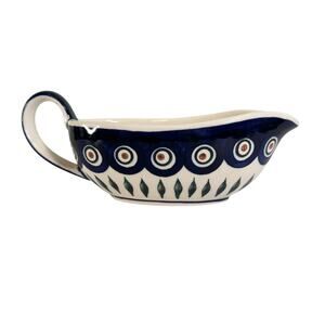 Zaklady Boleslawiec Polish Pottery Gravy Boat Handmade Peacock Pattern Ceramic